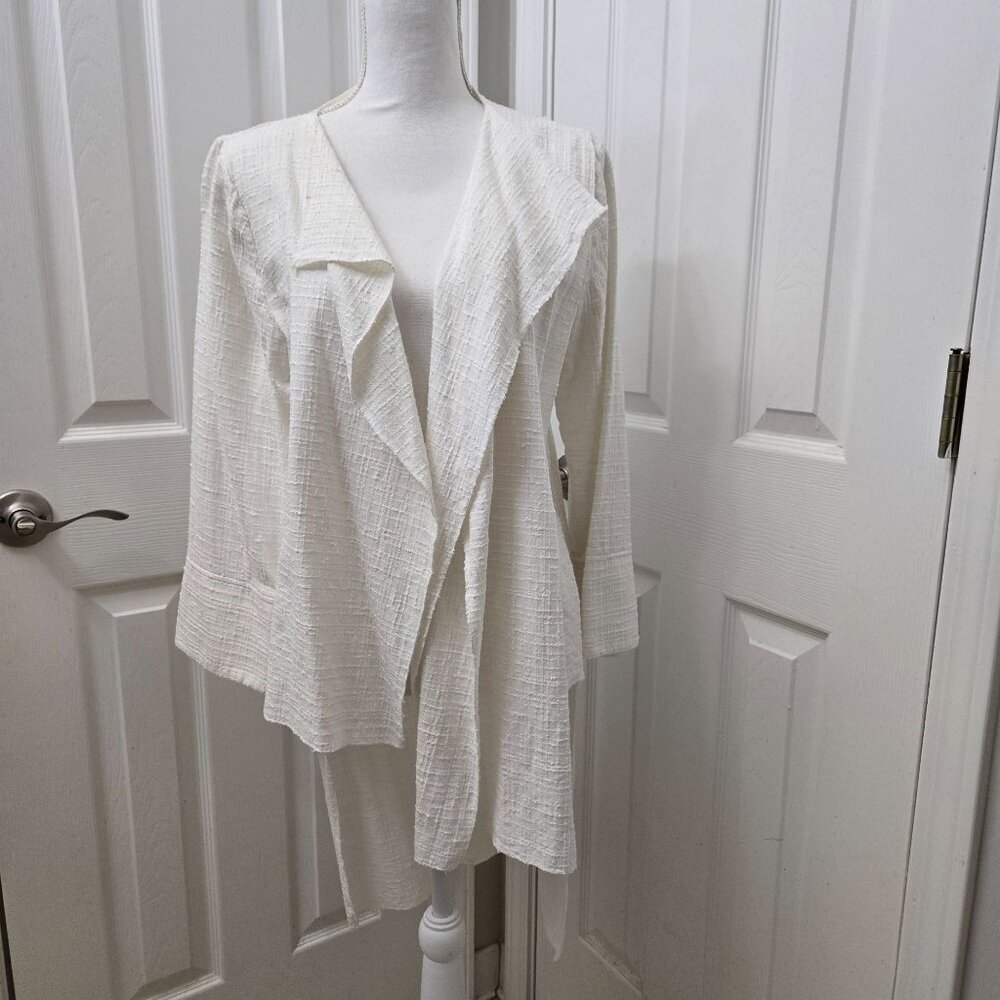 Calvin Tran Cardigan M White Textured Open Front Long Waterfall Avant-garde‎